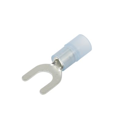 Blue nylon spade terminal suitable for electrical connections, featuring a metal forked tip designed for secure wiring.