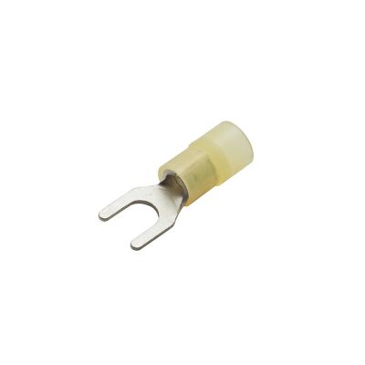 Yellow nylon spade terminal for electrical connections, featuring a forked metal end and insulated body.