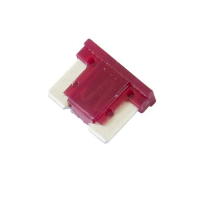 Red Littelfuse 0891010.U low profile MINI fuse with dual metallic contacts for electrical safety.