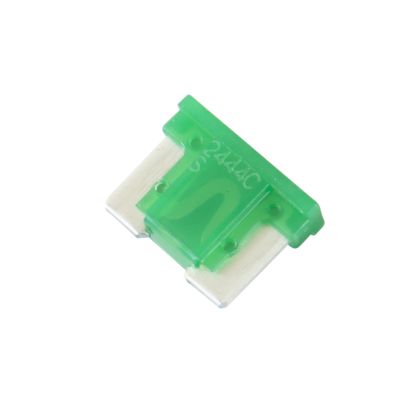 Green Littelfuse 30 Amp low profile MINI fuse against white background, suitable for automotive applications.