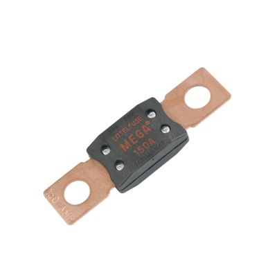 Orange Littelfuse 150 Amp MEGA Fuse with dual metal terminals.