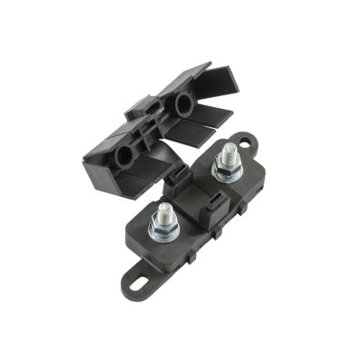 MEGA Flex Fuse Holder with open cover, showcasing dual bolt connections and sturdy design for electrical safety.