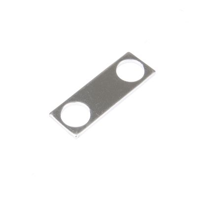 Shiny metal bus bar with two circular openings, designed for MEGa Fuse Holder connections.