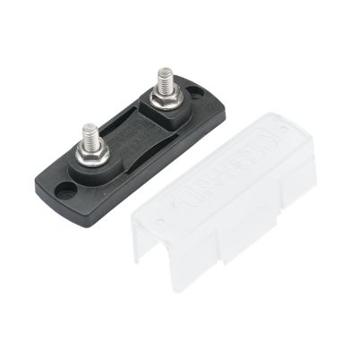 MEGa Fuse Block with Cover, black base, metal posts, and transparent cover, ideal for marine electrical systems.