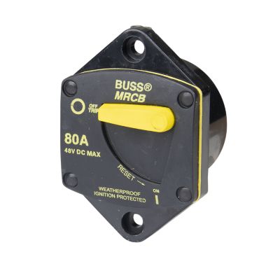 Marine rated manual reset circuit breaker, 80A, with yellow switch and mounting holes, labeled Bussmann 48V DC Max.