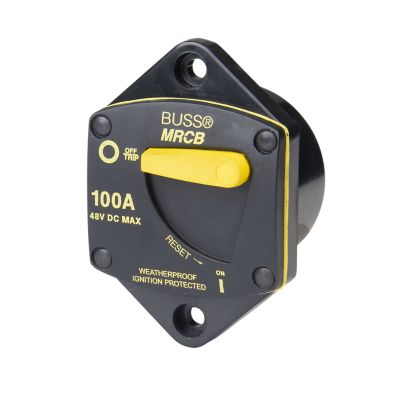 Marine rated circuit breaker, black with yellow switch, panel mount, weatherproof design, Eaton Bussmann 100 Amp, 48V.