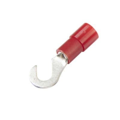 Red nylon hook terminal with metal hook end and insulated body. Ideal for electrical connections and secure fastening.