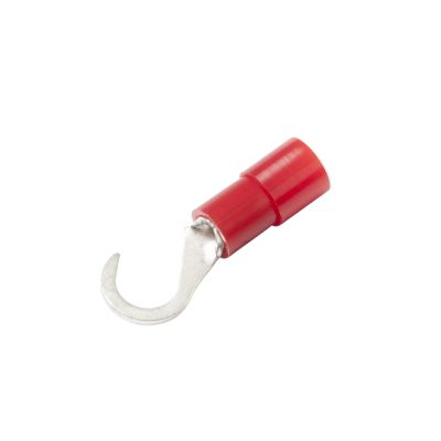 Red nylon hook terminal with metallic tip, designed for secure electrical connections.
