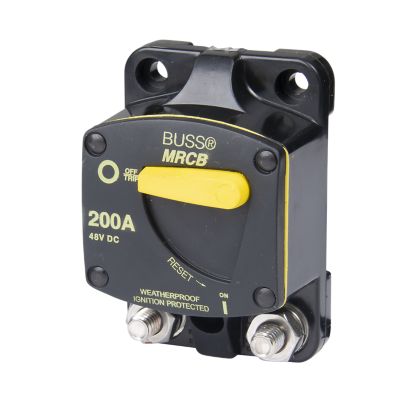 Marine rated manual reset circuit breaker, panel mount, black with yellow switch, designed for 150 amp, 48V applications.