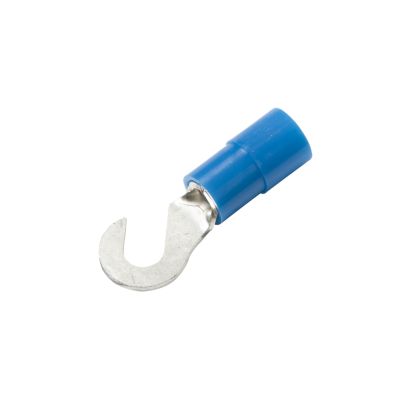 Blue nylon hook terminal with metal hook end for electrical connections.