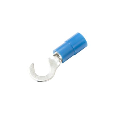 Blue nylon hook terminal with metal hook end, suitable for various wire connections and applications.
