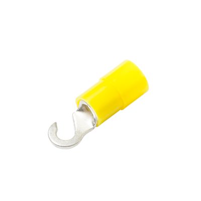 Yellow nylon hook terminal for 6 stud connections, featuring a silver hook design for efficient electrical applications.