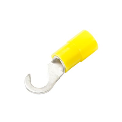 Yellow nylon hook terminal with a metal hook and insulated base, suitable for 10 stud connections in electrical wiring.
