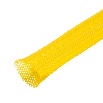 Bright yellow expandable sleeving, Techflex PTN0.13YL, ideal for organizing and protecting cables.