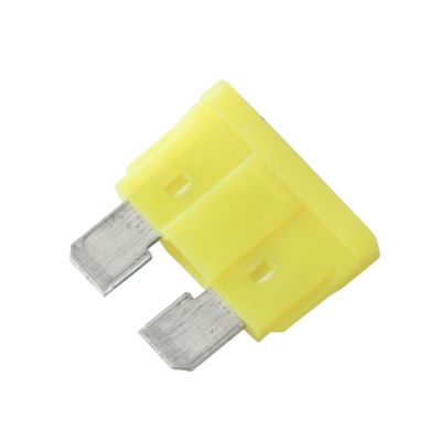 Yellow Littelfuse SmartGlow LED ATO Indicator Fuse, 20 Amp, highlighting its prongs and compact design.