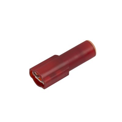 Red fully insulated female nylon push-on terminal, showcasing sleek design and durability for 22-18 gauge connectors.