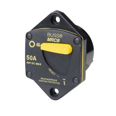 Marine-rated circuit breaker with manual reset, 50 Amp, 48V, panel mount, yellow switch, weatherproof design.
