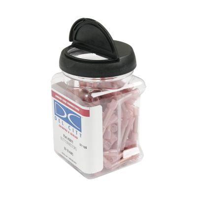 Jar of 150 red heat shrink and crimp butt connectors for 22-18 gauge wires with black lid and clear container.