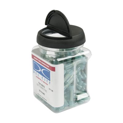 Clear jar of blue heat shrink and crimp butt connectors, labeled for 16-14 gauge wires, with a black flip-top lid.