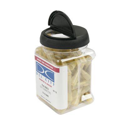 Yellow heat shrink and crimp butt connectors in a clear jar with a black lid, labeled for electrical use.