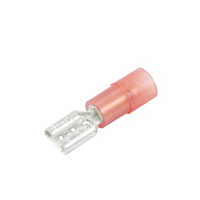 Red nylon push-on female terminal, partially insulated, suitable for 22-18 gauge wire connections.