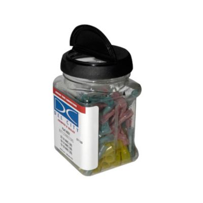 Heat shrink and crimp butt connector jar containing assorted connectors, suitable for various wire gauges.