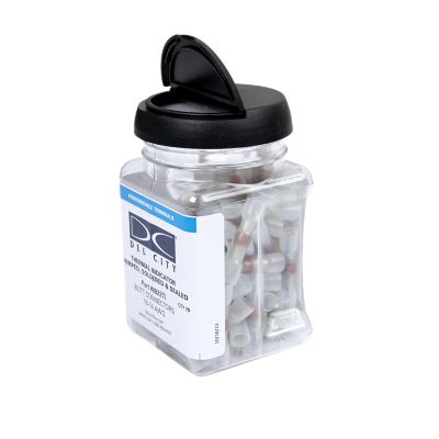 Lead-free thermal indicator heat shrink crimp and solder connectors in a clear jar with a black lid, 75 pieces, blue.