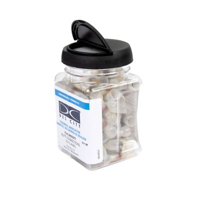 Jar of NSPA MTI5-10 yellow thermal indicator butt connectors, lead-free, for 12-10 gauge, on a white background.