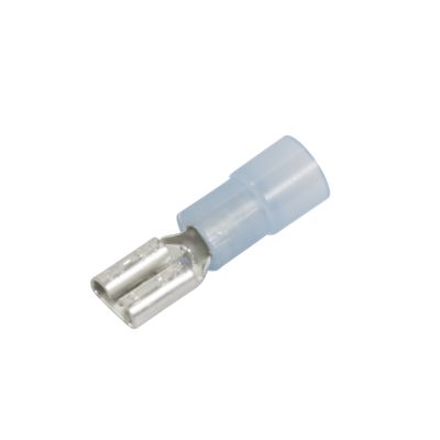 Blue nylon push-on terminal, partially insulated, showcasing a female connector for electrical applications.