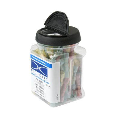 Jar of assorted NSPA lead-free heat shrink, crimp, and solder butt connectors; includes multiple gauge options.