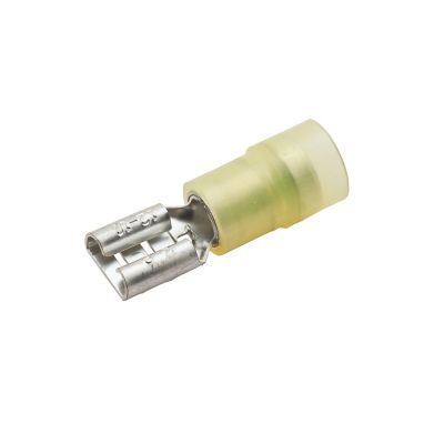 Yellow nylon push-on terminal, female, partially insulated, ideal for 12-10 gauge wires.