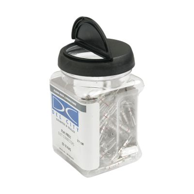 Clear jar of NSPA crimp butt connectors with red stripe for 22-18 gauge wires, ideal for secure electrical connections.