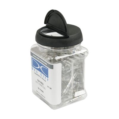 Jar of 100 clear view heat shrink and crimp butt connectors with blue stripe for 16-14 gauge wires.