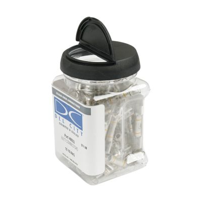 Clear jar with 60 heat shrink crimp butt connectors, yellow stripe, for 12-10 gauge wiring.