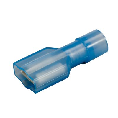 Blue nylon push-on terminal, female, fully insulated, suitable for 16-14 gauge wires in electrical applications.