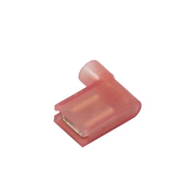 Red nylon push-on flag terminal, female connector for 22-18 gauge wires, ideal for secure electrical connections.