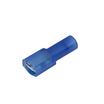 Blue nylon female push-on terminal, fully insulated, designed for 16-14 gauge wires. Ideal for electrical connections.