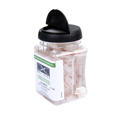 Jar of NSPA ETI5-16 lead-free thermal indicator heat shrink connectors, 100 red butt connectors for 22-18 gauge wires.