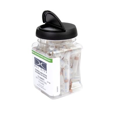 Lead-free thermal indicator heat shrink and solder butt connector jar with 75 blue pieces, suitable for 16-14 gauge wiring.