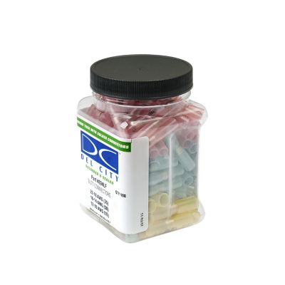 Jar of lead-free heat shrink and solder connectors in assorted colors for various wire gauges.