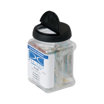 Jar of multi-wire butt connectors with heat shrink and crimp features, designed for various wire gauges, 25 pieces.