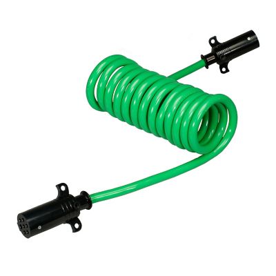Green coiled cable with black connectors for electrical connections, featuring durable ABS material and multi-gauge design.