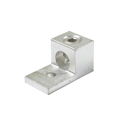 Ilsco mechanical lug TA-500, aluminum, dual-rated, for one conductor, showcasing its metallic texture and design.