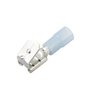 Nylon-insulated push-on piggy back terminal with metallic connector and blue sleeve for secure electrical connections.