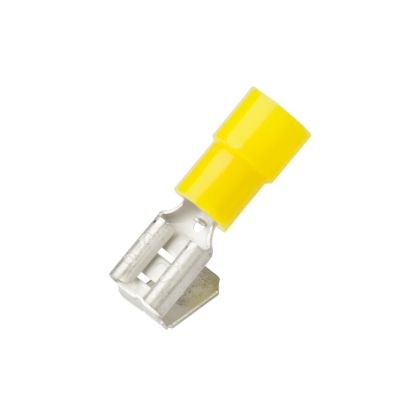 Yellow nylon piggy back push-on terminal, suitable for 12-10 gauge wires, featuring a durable design.