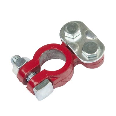 Red epoxy-coated heavy-duty top post terminal with dual bolts for securing connections, suitable for positive terminals.