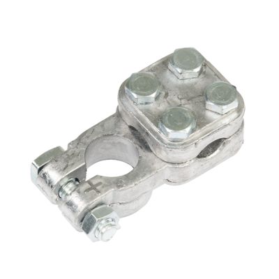 Lead 3-way top post commercial terminal with hex bolt connections, ideal for positive connections in automotive setups.