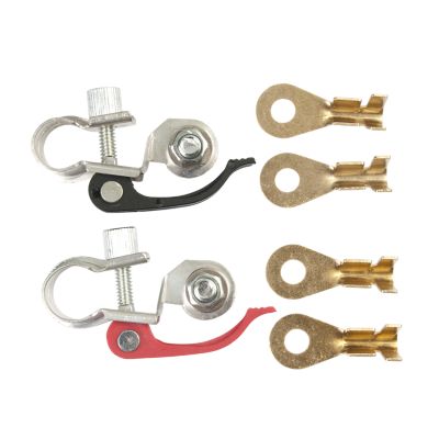 Lead-Free Quick Clamp Terminal Set with universal polarity lugs, featuring red and black clamps and multiple connectors.