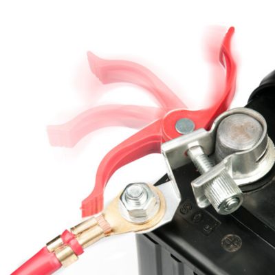 Lead-free quick clamp terminal set shown with flexible red handle and secure metal contacts for easy and safe electrical connections.