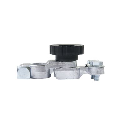 Quick Disconnect Lead Battery Terminal with black knob for easy use, suitable for 6-1 gauge cables, shown in side view.